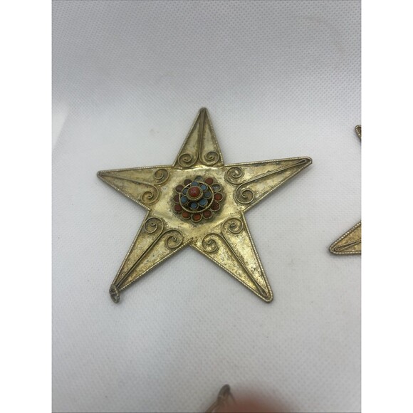 Nepal Gold Brass Tone Star Coral Turquoise Handmade Amulet Pendent, Ornament 4" - Picture 5 of 8